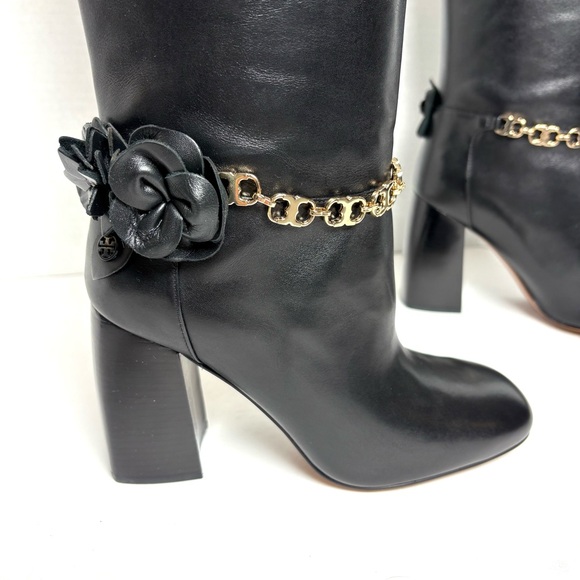NEW Tory Burch Black Leather Blossom Boots Tall Gold Chain Flower Glam Sz 6 - Picture 3 of 14
